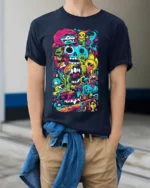 Psychedelic Skull Doodle Art Colorful T-Shirt - model wearing navy shirt, hands in pockets