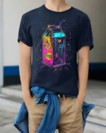 Neon Cyberpunk Milk Carton Futuristic T-Shirt - model wearing navy shirt, hands in pockets