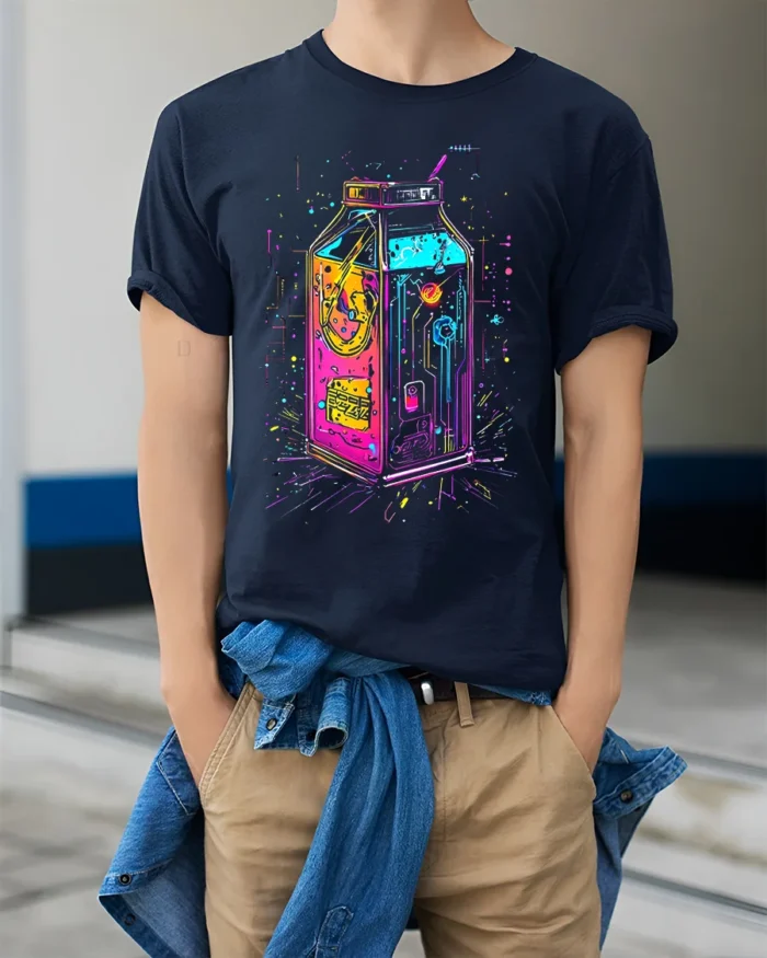 Neon Cyberpunk Milk Carton Futuristic T-Shirt - model wearing navy shirt, hands in pockets
