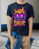Flaming Mustache Drip Street Art Graphic T-Shirt - model wearing navy shirt, hands in pockets