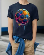 Neon Splash Soccer Ball Street Art Graphic T-Shirt - model wearing navy shirt, hands in pockets