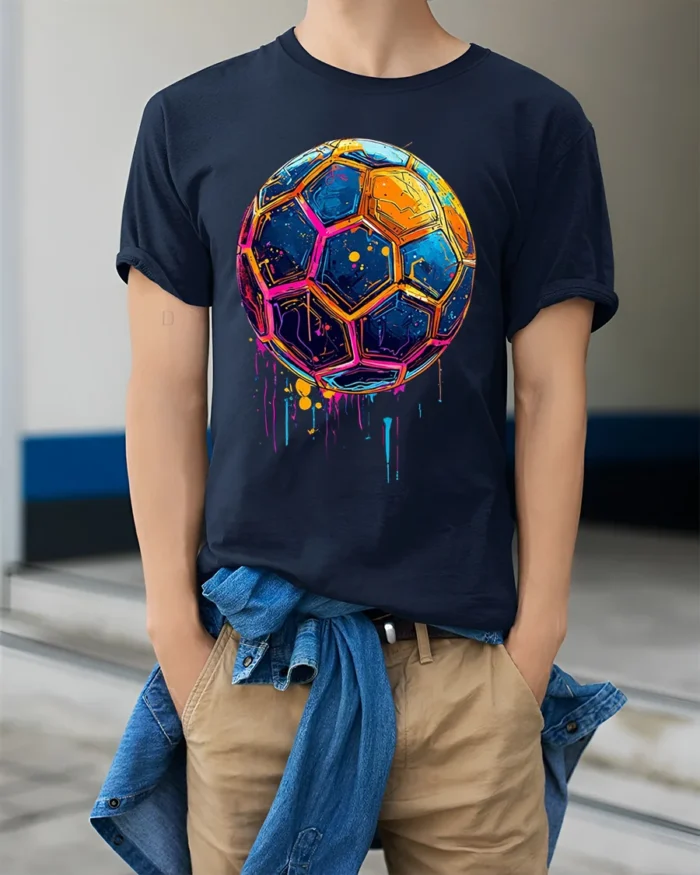 Neon Splash Soccer Ball Street Art Graphic T-Shirt - model wearing navy shirt, hands in pockets