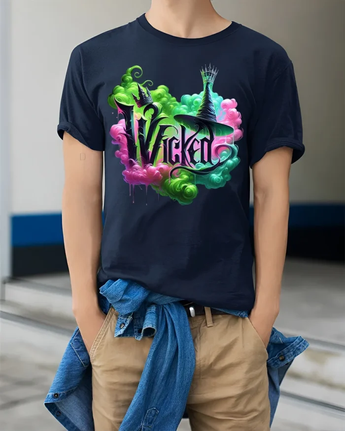 Wicked Witch Neon Smoke Fantasy Art T-Shirt - model wearing navy shirt, hands in pockets