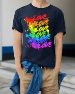 Rainbow Love Graffiti Pride Splash Art T-Shirt - model wearing navy shirt, hands in pockets