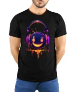 Neon Smile Headphones Music Art Black T-Shirt - model wearing black shirt, hands behind back