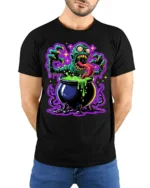Zombie Cauldron Monster Horror Art T-Shirt - model wearing black shirt, hands behind back