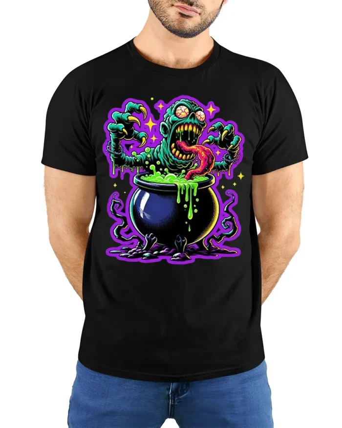 Zombie Cauldron Monster Horror Art T-Shirt - model wearing black shirt, hands behind back