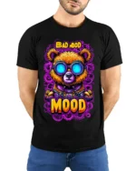 Bad Mood Bear Neon Goggles Street Art T-Shirt - model wearing black shirt, hands behind back