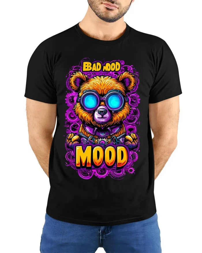 Bad Mood Bear Neon Goggles Street Art T-Shirt - model wearing black shirt, hands behind back