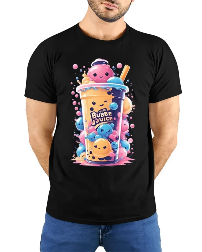 Kawaii Bubble Tea Cute Boba Drink Art T-Shirt - model wearing black shirt, hands behind back