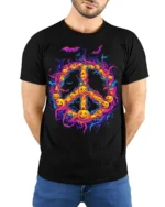 Halloween Pumpkin Peace Sign Spooky T-Shirt - model wearing black shirt, hands behind back