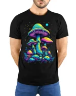 Psychedelic Neon Mushroom Forest Art T-Shirt - model wearing black shirt, hands behind back
