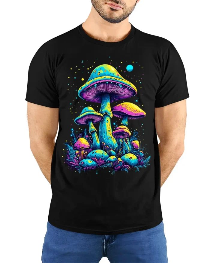 Psychedelic Neon Mushroom Forest Art T-Shirt - model wearing black shirt, hands behind back