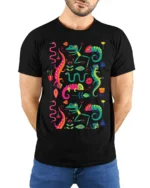 Colorful Gecko and Snake Tropical Art T-Shirt - model wearing black shirt, hands behind back