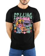 Colorful Cartoon Faces Street Art Graphic T-Shirt - model wearing black shirt, hands behind back