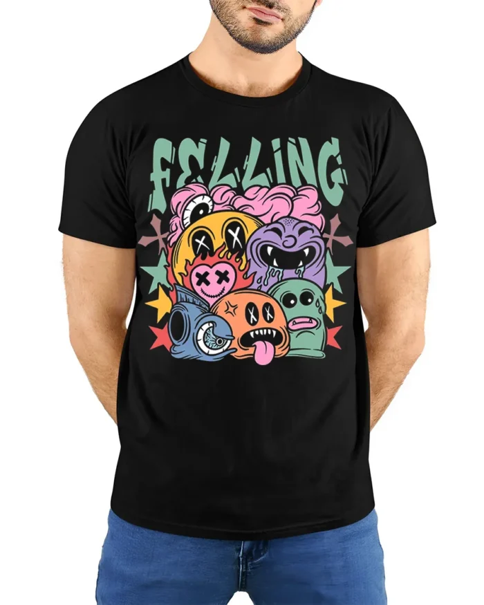 Colorful Cartoon Faces Street Art Graphic T-Shirt - model wearing black shirt, hands behind back