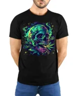 Neon Skull and Cannabis Leaves Art T-Shirt - model wearing black shirt, hands behind back