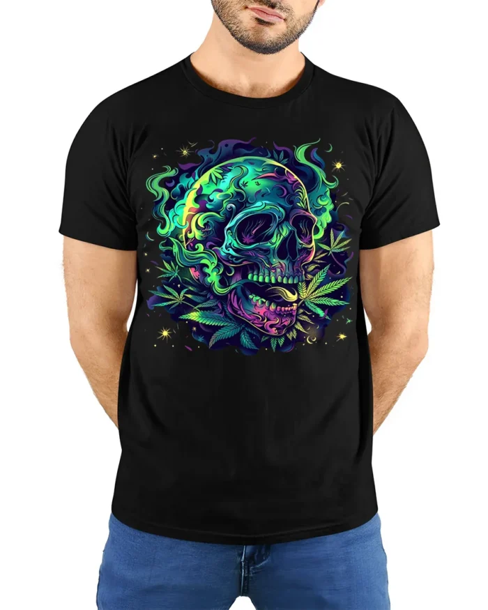 Neon Skull and Cannabis Leaves Art T-Shirt - model wearing black shirt, hands behind back
