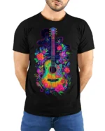 Neon Floral Acoustic Guitar Art Music T-Shirt - model wearing black shirt, hands behind back