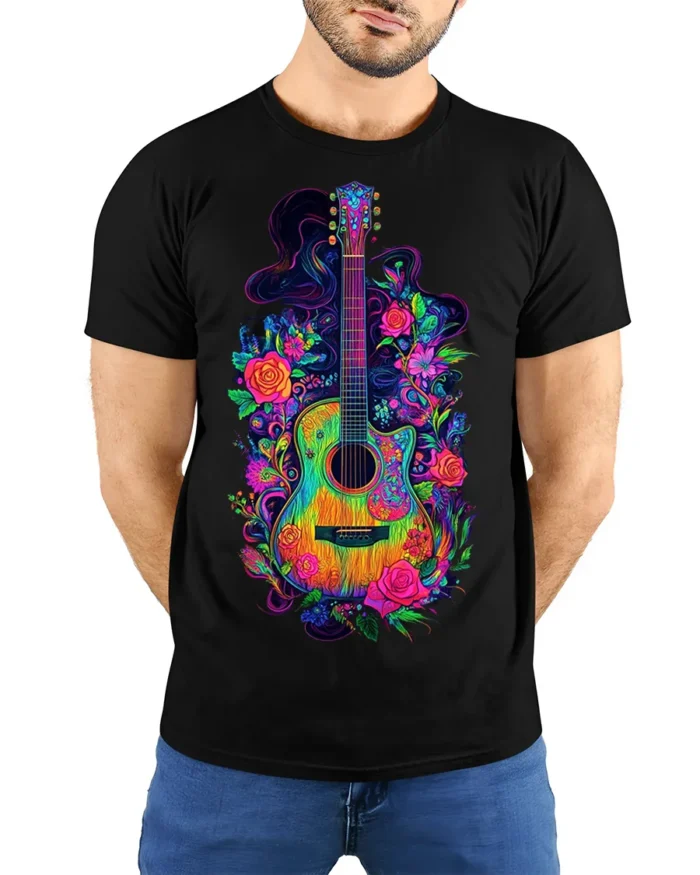 Neon Floral Acoustic Guitar Art Music T-Shirt - model wearing black shirt, hands behind back