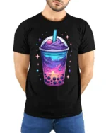 Galaxy Boba Bubble Tea Cosmic Drink T-Shirt - model wearing black shirt, hands behind back