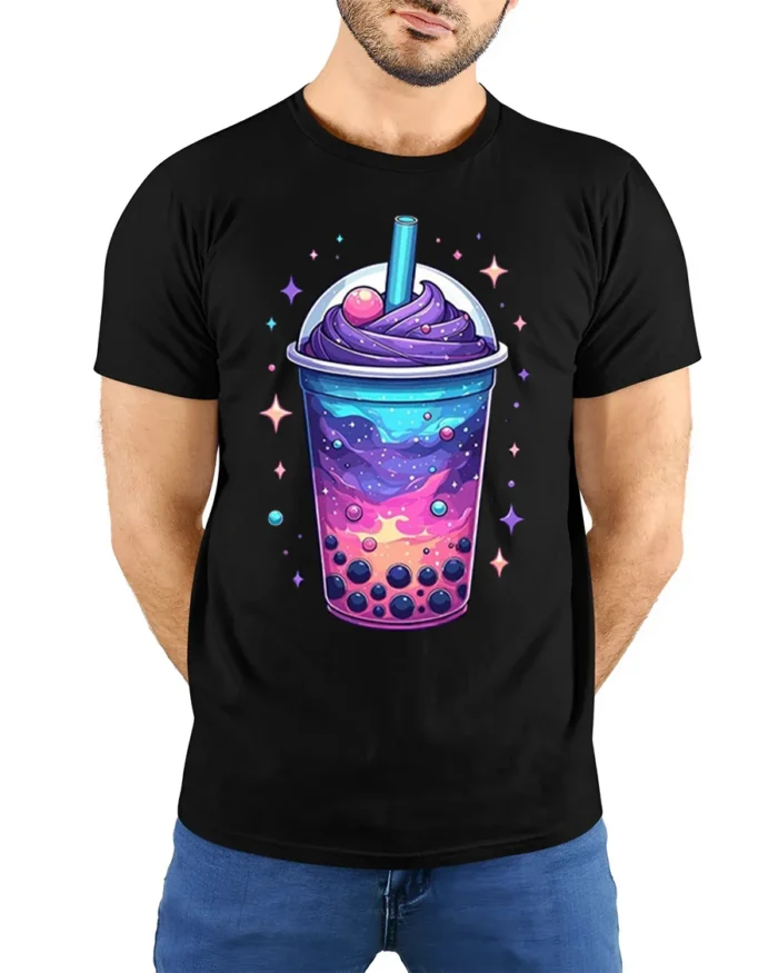 Galaxy Boba Bubble Tea Cosmic Drink T-Shirt - model wearing black shirt, hands behind back