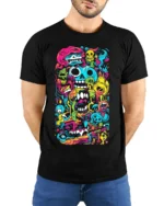 Psychedelic Skull Doodle Art Colorful T-Shirt - model wearing black shirt, hands behind back
