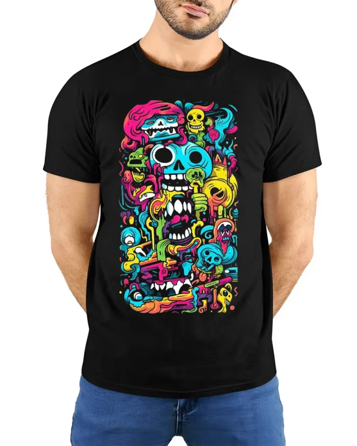 Psychedelic Skull Doodle Art Colorful T-Shirt - model wearing black shirt, hands behind back