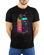 Neon Cyberpunk Milk Carton Futuristic T-Shirt - model wearing black shirt, hands behind back