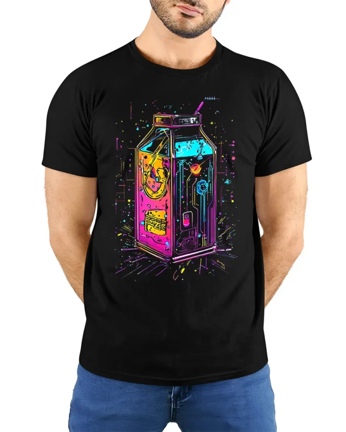 Neon Cyberpunk Milk Carton Futuristic T-Shirt - model wearing black shirt, hands behind back