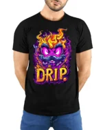 Flaming Mustache Drip Street Art Graphic T-Shirt - model wearing black shirt, hands behind back