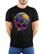 Neon Splash Soccer Ball Street Art Graphic T-Shirt - model wearing black shirt, hands behind back
