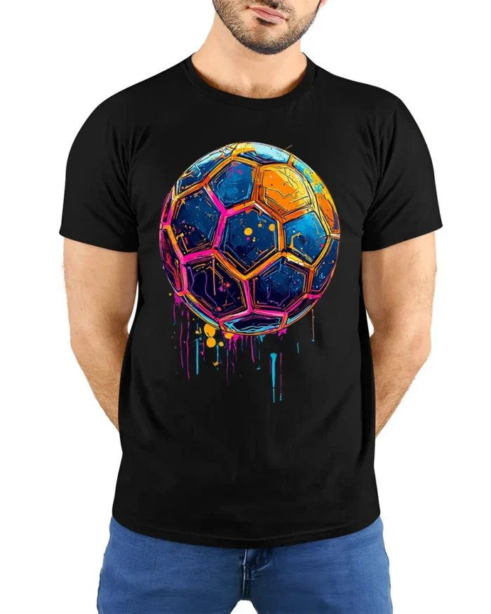 Neon Splash Soccer Ball Street Art Graphic T-Shirt - model wearing black shirt, hands behind back