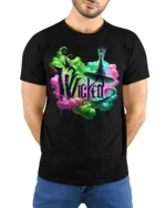 Wicked Witch Neon Smoke Fantasy Art T-Shirt - model wearing black shirt, hands behind back