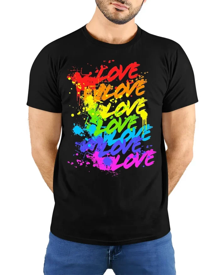 Rainbow Love Graffiti Pride Splash Art T-Shirt - model wearing black shirt, hands behind back