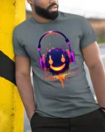 Neon Smile Headphones Music Art Black T-Shirt - model in grey shirt leaning against column