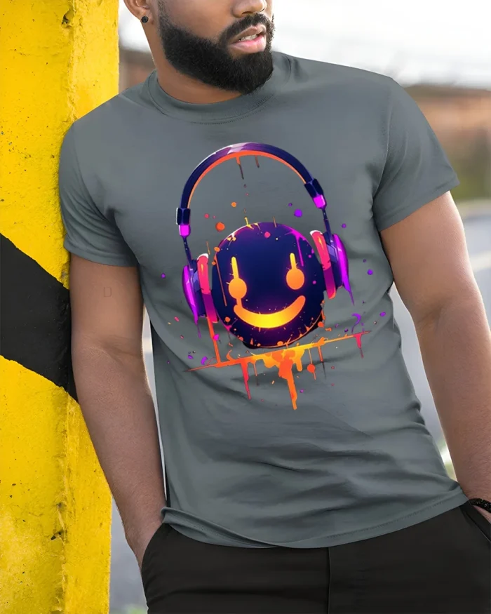 Neon Smile Headphones Music Art Black T-Shirt - model in grey shirt leaning against column