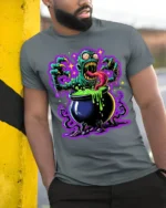 Zombie Cauldron Monster Horror Art T-Shirt - model in grey shirt leaning against column