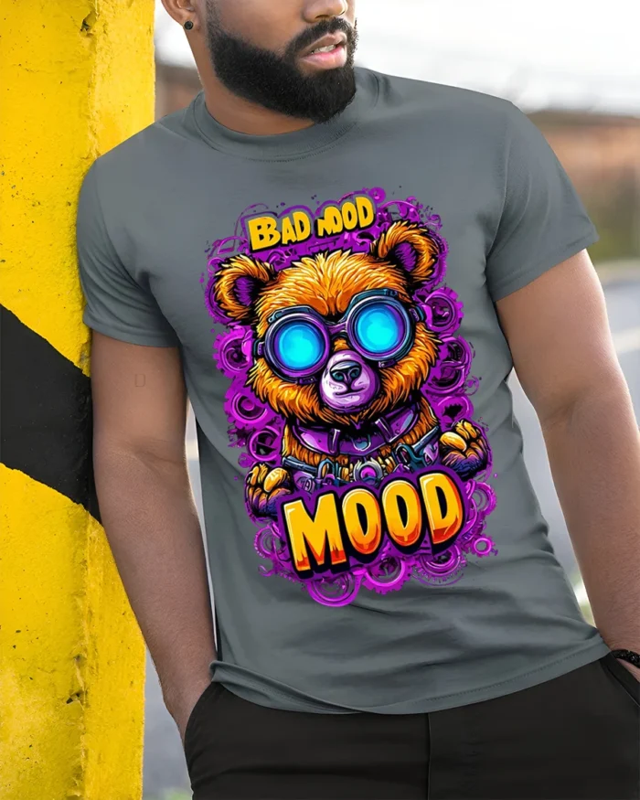 Bad Mood Bear Neon Goggles Street Art T-Shirt - model in grey shirt leaning against column