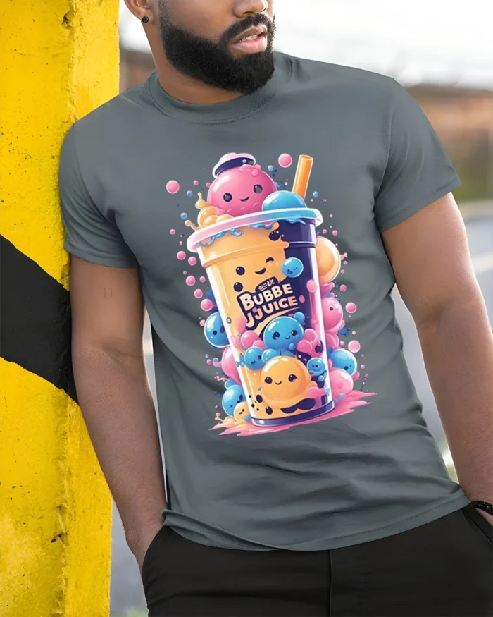 Kawaii Bubble Tea Cute Boba Drink Art T-Shirt - model in grey shirt leaning against column