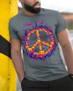Halloween Pumpkin Peace Sign Spooky T-Shirt - model in grey shirt leaning against column
