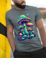 Psychedelic Neon Mushroom Forest Art T-Shirt - model in grey shirt leaning against column