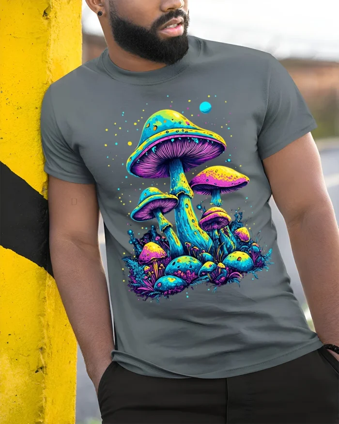 Psychedelic Neon Mushroom Forest Art T-Shirt - model in grey shirt leaning against column