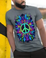 Colorful Feather Peace Sign Boho Art T-Shirt - model in grey shirt leaning against column