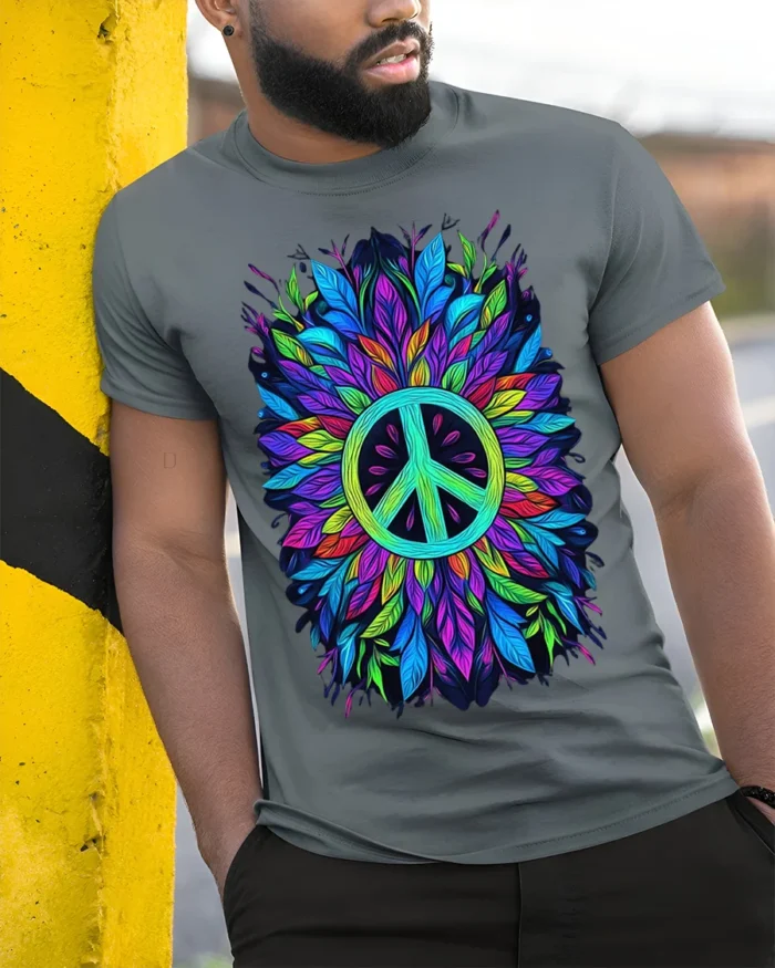 Colorful Feather Peace Sign Boho Art T-Shirt - model in grey shirt leaning against column