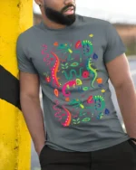 Colorful Gecko and Snake Tropical Art T-Shirt - model in grey shirt leaning against column