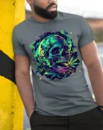 Neon Skull and Cannabis Leaves Art T-Shirt - model in grey shirt leaning against column
