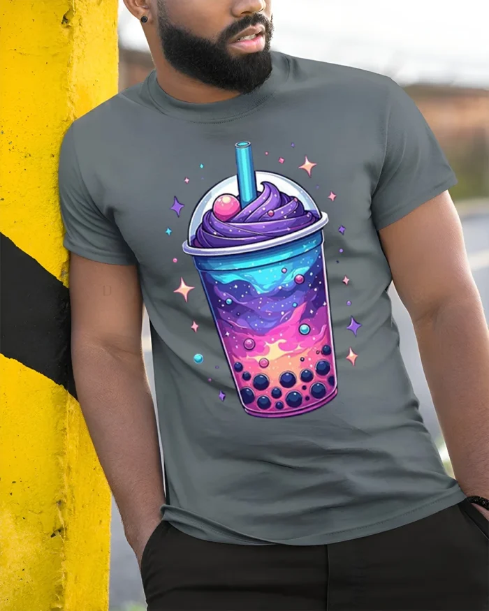 Galaxy Boba Bubble Tea Cosmic Drink T-Shirt - model in grey shirt leaning against column