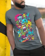 Psychedelic Skull Doodle Art Colorful T-Shirt - model in grey shirt leaning against column