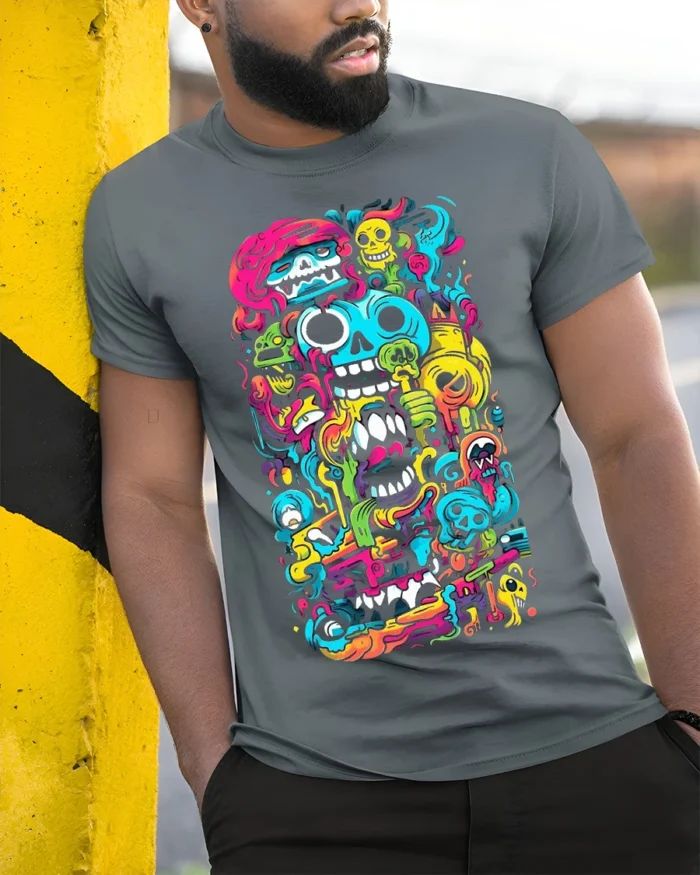 Psychedelic Skull Doodle Art Colorful T-Shirt - model in grey shirt leaning against column